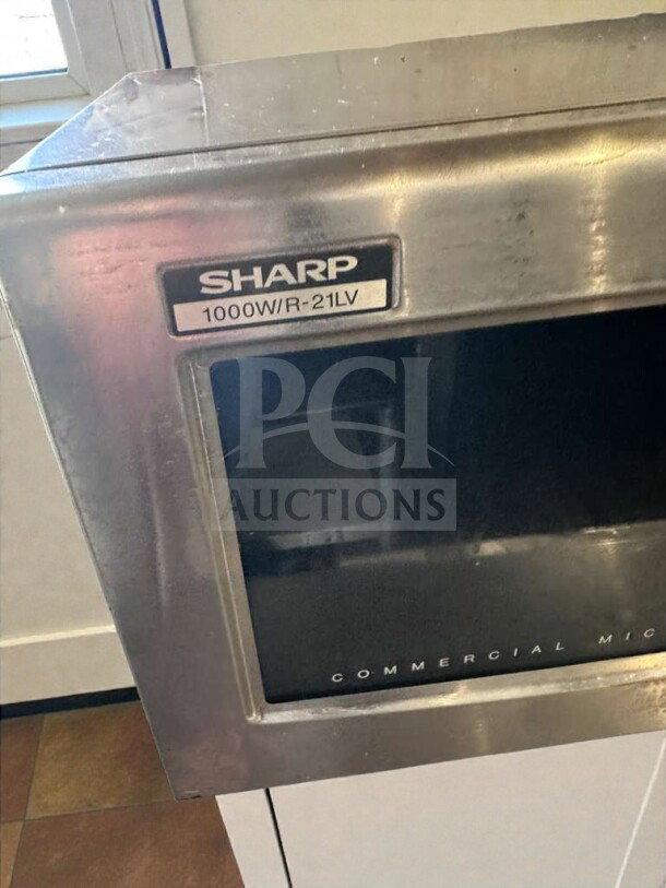 Sharp R-21LV Commercial Microwave Oven, 1000W, stainless steel, premium condition, fully tested, model label visible.