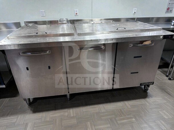 Continental BW72N refrigerated base, 72-inch stainless steel, three compartments, UL & NSF listed, excellent condition.