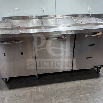 Continental BW72N refrigerated base, 72-inch stainless steel, three compartments, UL & NSF listed, excellent condition.