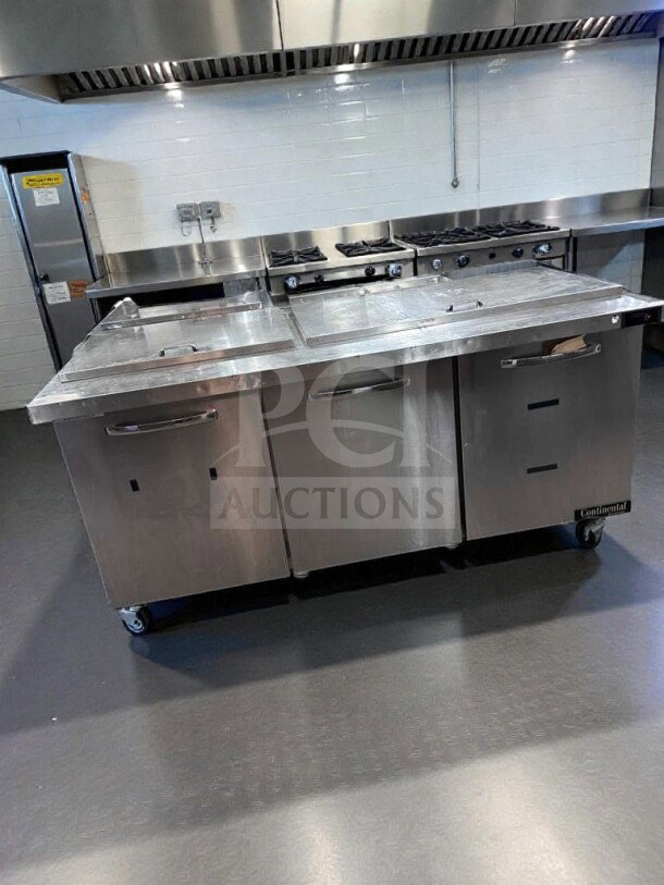 Continental BW72N commercial refrigerated base, 72", stainless steel, UL & NSF Listed, excellent condition, on wheels.