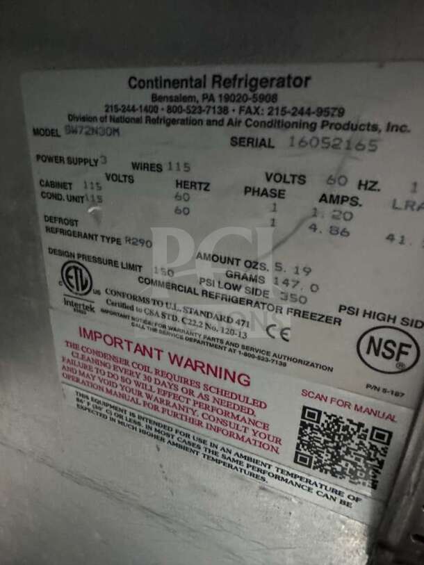 Label on Continental Refrigerator BW72N; UL & NSF listed, power 115V, R290 refrigerant, serial 16052165, model BW72N3OM.