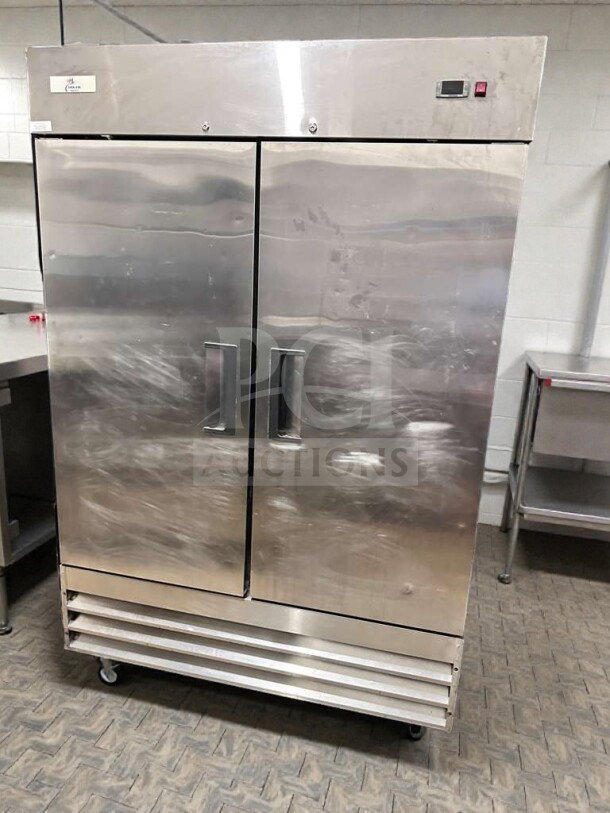 Premium stainless steel double-door reach-in refrigerator by Commercial Refrigeration Equipment. UL Listed, fully tested.