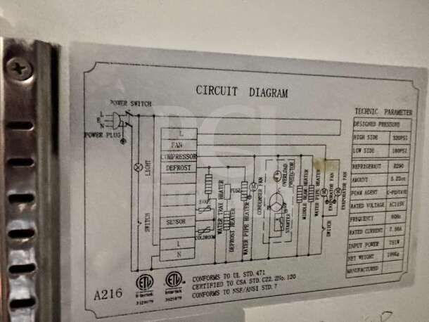 Alt text: Circuit diagram label on the Commercial Refrigeration Equipment Reach-In Double Door refrigerator, showing technical parameters and UL certification details.