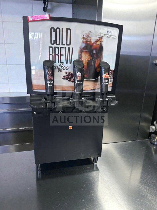 GoodWest GW2/GW3 commercial cold brew coffee dispenser, excellent condition, 3 spouts labeled Black & Bold, Frappe, Salted Caramel.