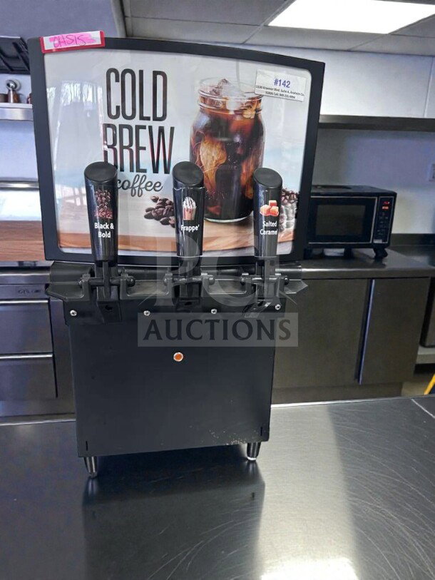 GoodWest GW2/GW3 cold brew dispenser, excellent condition, 115V, fully tested, with flavor labels: Black & Bold, Frappe, Salted Caramel.