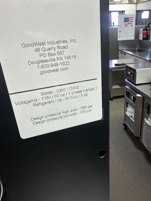 GoodWest GW2/GW3 Cold Brew Dispenser in excellent condition, 115V, fully tested, operational with label showing specs and model.