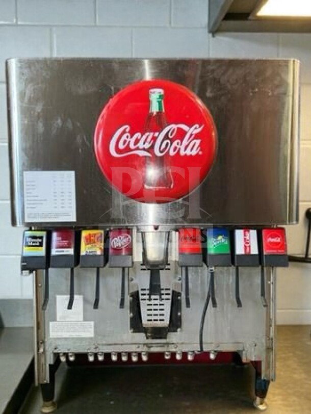 Lancer 8-Valve Coca-Cola Soda Fountain Dispenser, stainless steel, UL listed, commercial use, fully tested, premium condition.