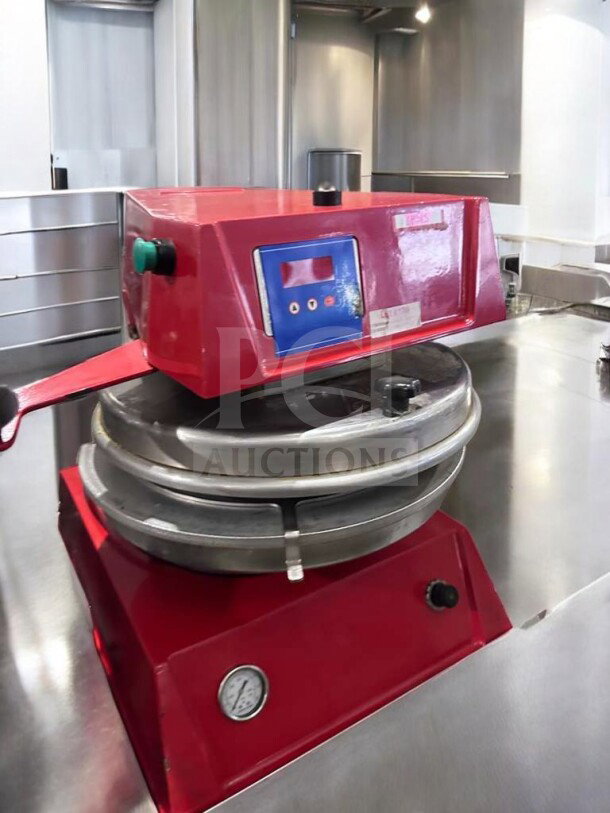 Red electric dough press with digital controls, Commercial Foodservice Equipment, model DOU-L-PRS-0384, excellent condition.