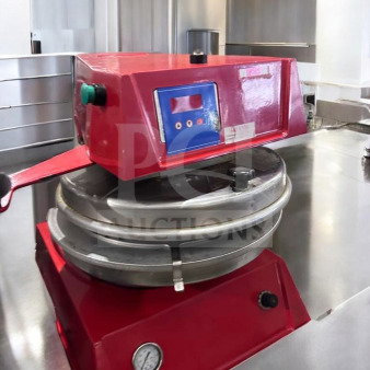 Red electric dough press with digital controls, Commercial Foodservice Equipment, model DOU-L-PRS-0384, excellent condition.