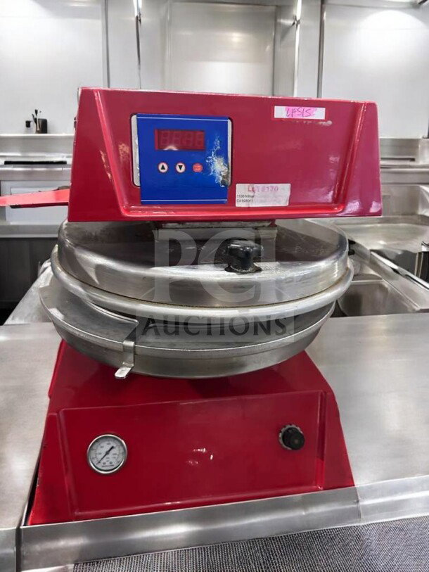 Red Commercial Electric Dough Press with digital controls, model DOU-L-PRS-0384, in excellent condition, fully tested.