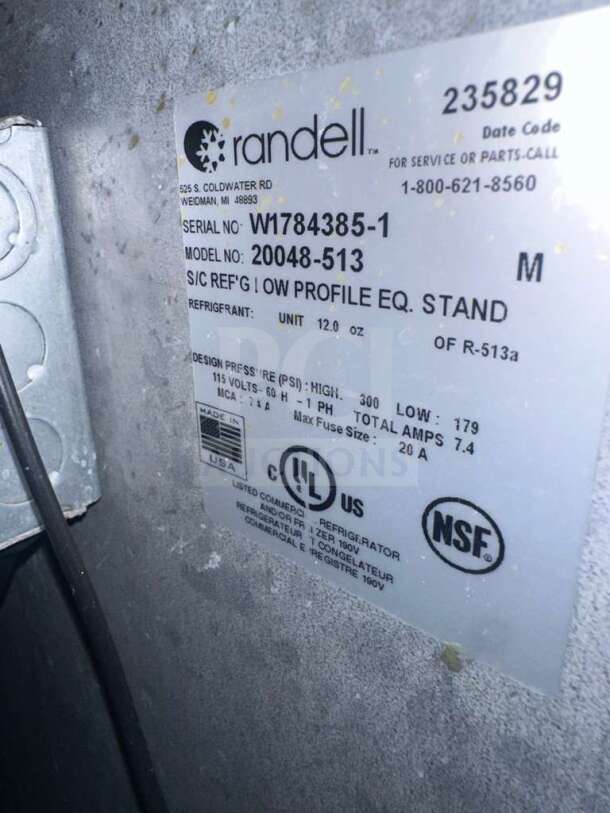 Randell 20048-513 commercial refrigerated stand label. UL & NSF listed. Serial No: W1784385-1. 48 in, made in USA.