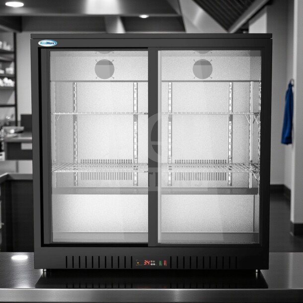 Brand new KoolMore BC-2DSL-BK two-door back bar refrigerator, 35 inches, 7.4 Cu. Ft., ETL listed, unused in original box.
