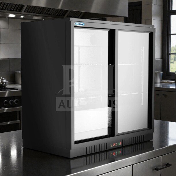 Brand new KoolMore BC-2DSL-BK two-door back bar refrigerator, 35 in., 7.4 Cu. Ft., ETL listed, black finish.