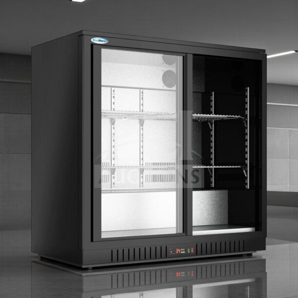 Brand new KoolMore BC-2DSL-BK 35" two-door back bar refrigerator, 7.4 cu. ft., ETL listed, black, in original box.