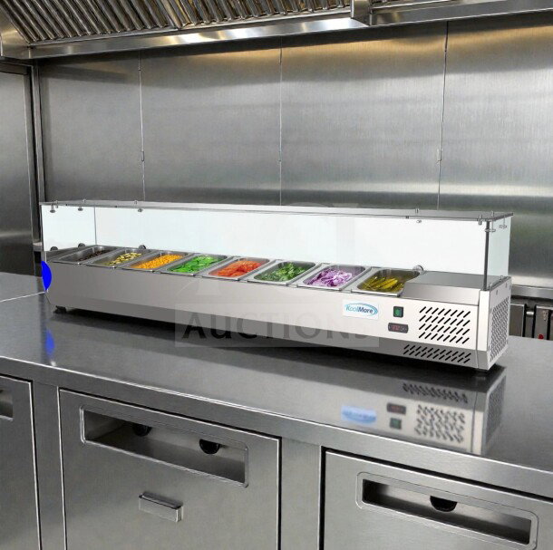 Brand new KoolMore SCDC-8P-SG countertop prep rail, 8-pan capacity, glass sneeze guard, UL listed, in original box.