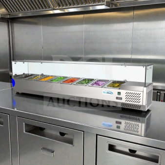 Brand new KoolMore SCDC-8P-SG countertop prep rail, 8-pan capacity, glass sneeze guard, UL listed, in original box.