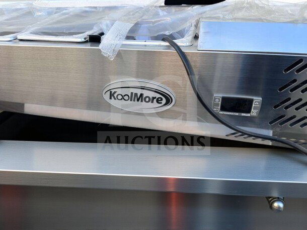 Brand new KoolMore SCDC-8P-SG refrigerated prep rail, featuring 8-pan capacity, glass sneeze guard, UL listed, in original box.