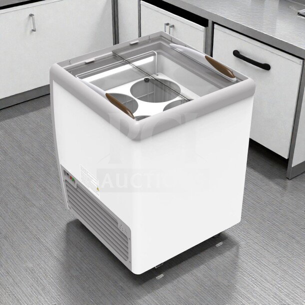 Brand new KoolMore KM-ICD-26SD ice cream dipping cabinet with sliding glass doors, 4 tub capacity, ETL listed, in original box.