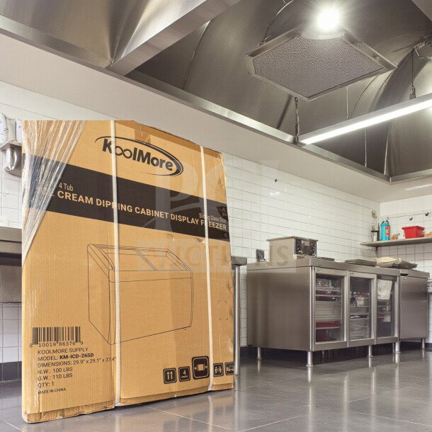 Brand new KoolMore KM-ICD-26SD commercial ice cream dipping cabinet in box, 4-tub, sliding glass doors, ETL listed.