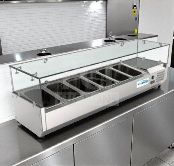 Brand new KoolMore commercial refrigerated cold food well, 6-pan capacity, stainless steel, UL listed, in original packaging.