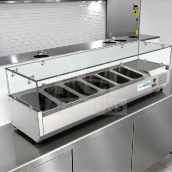 Brand new KoolMore commercial refrigerated cold food well, 6-pan capacity, stainless steel, UL listed, in original packaging.