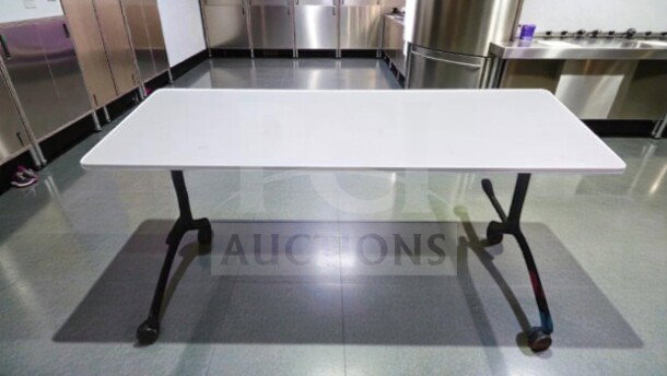 Commercial Institutional Furniture Flip-Top Training Table, 6 ft, folding, rolling frame, fully inspected, ready for use.