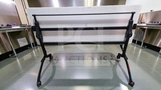 Commercial Institutional Furniture Flip-Top Training Table, 6 ft, folding, rolling mobile frame, fully inspected, ready for use.