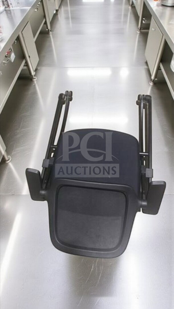 Commercial Grade Stackable Chair with Arms; sled base, black, inspected, ready for use, three available.