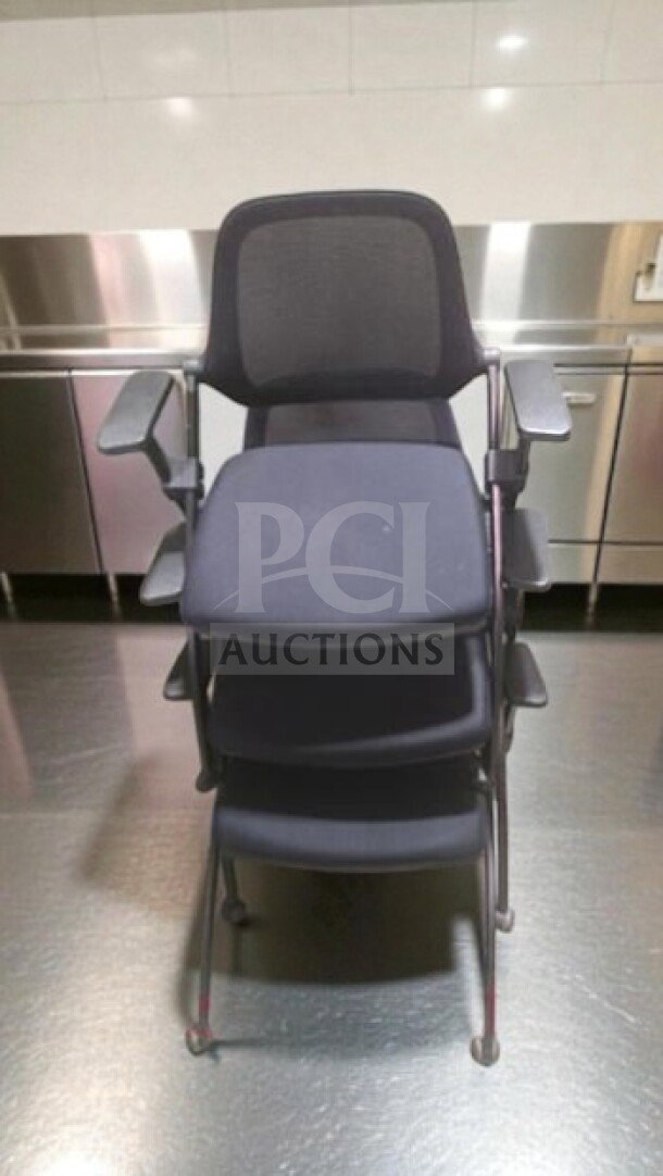 Stackable training chairs with arms, sled base, by Commercial Institutional Furniture; fully inspected, excellent condition.