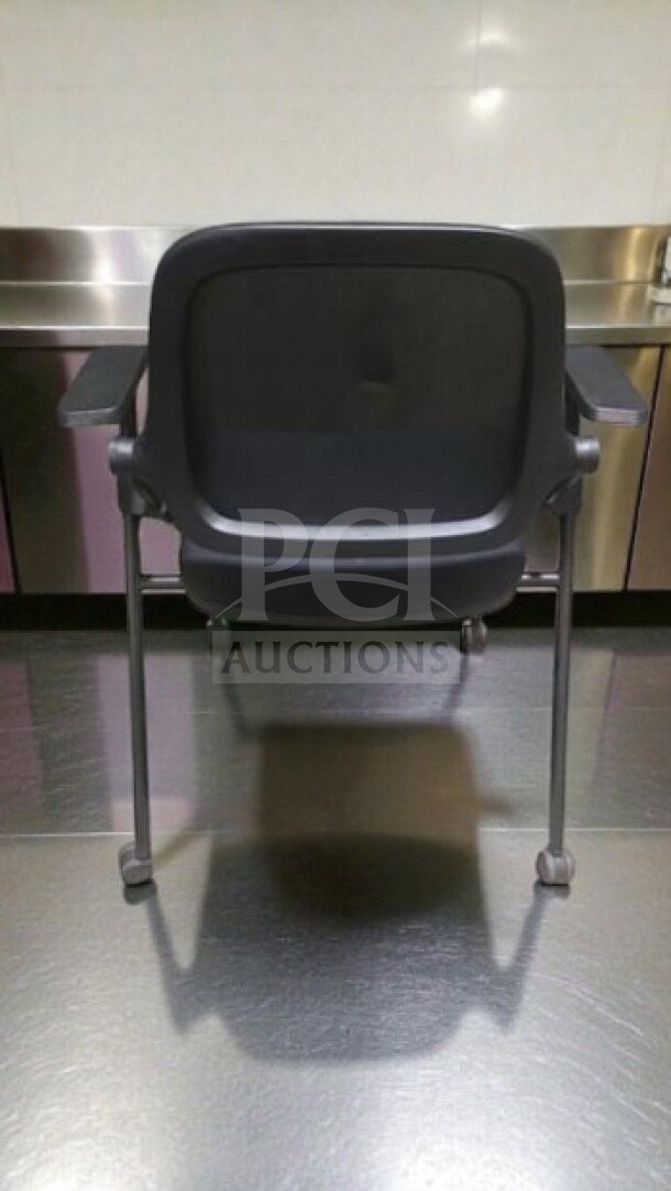 Commercial Grade Stackable Training Chair, sled base, arms, black finish, fully inspected, ready for use, 3 available.