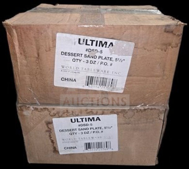 Factory-sealed boxes of Ultima 5 1/4” Dessert Sand Plates, Model DSD-5, 72 restaurant-grade plates by World Tableware.