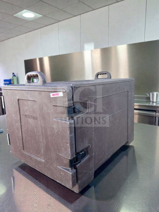 Carlisle Insulated Food Carrier, commercial model. Dark finish, sturdy handles, locking mechanisms, impeccable condition.