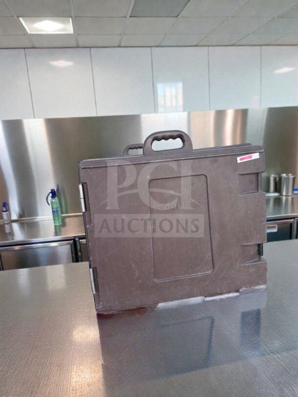 Carlisle Insulated Food Carrier in impeccable condition, commercial model, fully tested, brown with secure handle and visible branding.