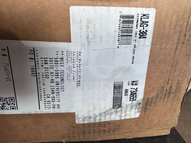 Advance Tabco stainless steel work table box with model KLAG-304-X label, showing shipping info and barcode. Brand new, scratch & dent.