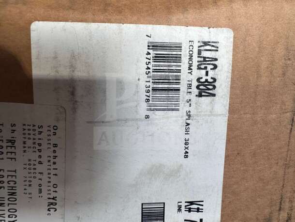 Advance Tabco model KLAG-304-X stainless steel work table label. Economy table, 5" splash, 30x48". Brand new, scratch & dent.