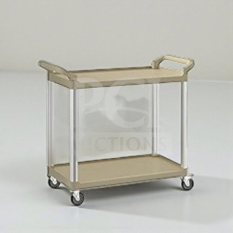 Brand new Choice 2-shelf beige utility cart (CHO-S-CART-0460), factory sealed, unused, sturdy design, commercial use.