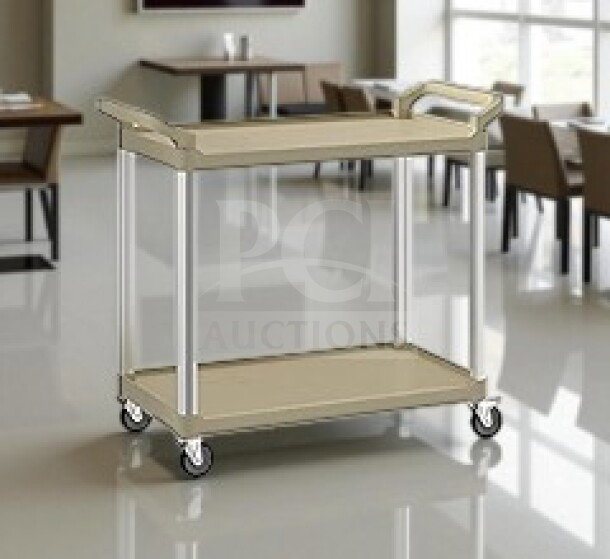 Brand new Choice beige 2-shelf utility cart, model CHO-S-CART-0460. Factory sealed, unused, perfect for commercial use.