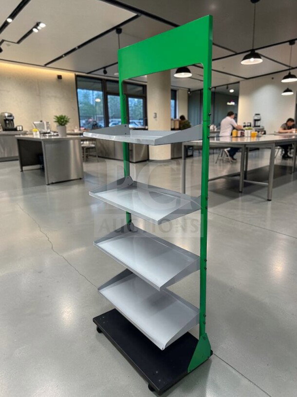 Commercial retail gondola display shelf, 4-tier, heavy-duty construction, prime condition, green frame, inspected, model RET-S-SHLF-0584.