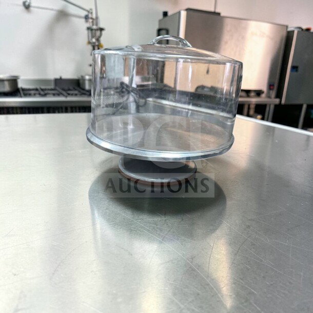 Acrylic cake display dome with stainless steel base, 12" diameter, premium condition, commercial bakery use, model CAKE-S-DOME-0792.