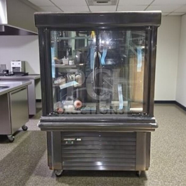 New Hussmann MD4060DA microSC™ two-section glass door merchandiser in black, 41 5/16", 115V, fully tested and operational.