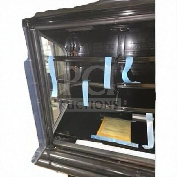 New Hussmann MD4060DA glass door merchandiser, black finish, two sections, shelves with tape, fully operational, 115V.