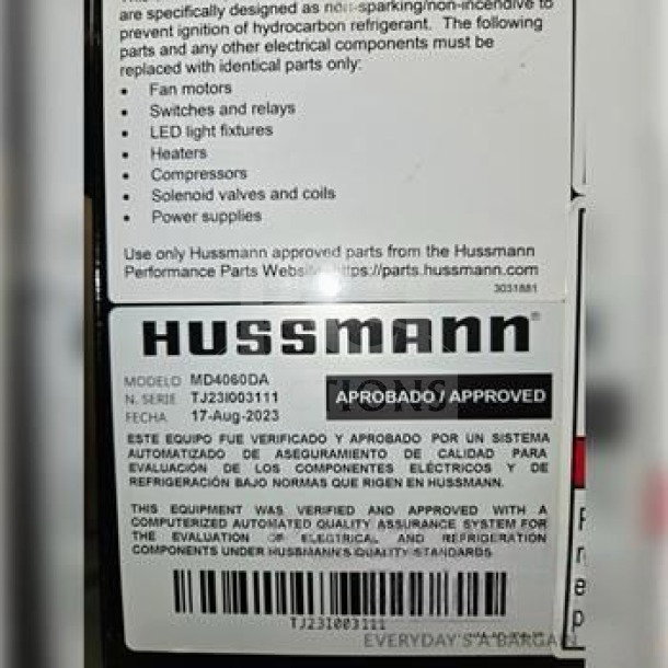 Hussmann MD4060DA microSC™ Glass Door Merchandiser label, model MD4060DA, approved 17-Aug-2023, operational details.