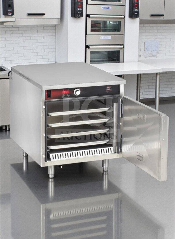 FWE HLC-1826-4(A) heated holding cabinet, 4-pan capacity, countertop, stainless steel, 120V, elite condition, operational.