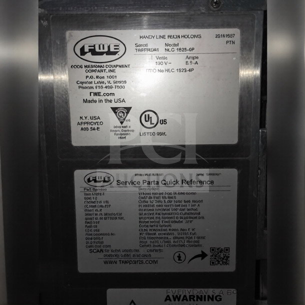 FWE HLC-1826-4(A) countertop insulated heated holding cabinet label with model, UL listing, and service information.