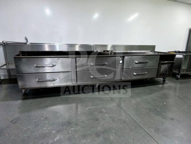 Randell LPRES1L3-120C4 refrigerated equipment stand, 6 drawers, stainless steel, self-contained, 120", tested operational.