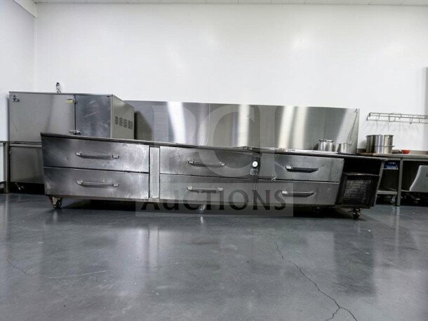 Randell LPRES1L3-120C4 120” refrigerated equipment stand, 6 drawers, self-contained, superior condition, fully tested.