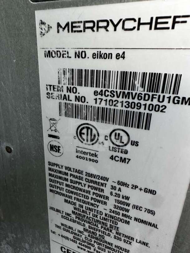 Merrychef eikon e4 oven label showing model number, serial number 1710213091002, and certifications.