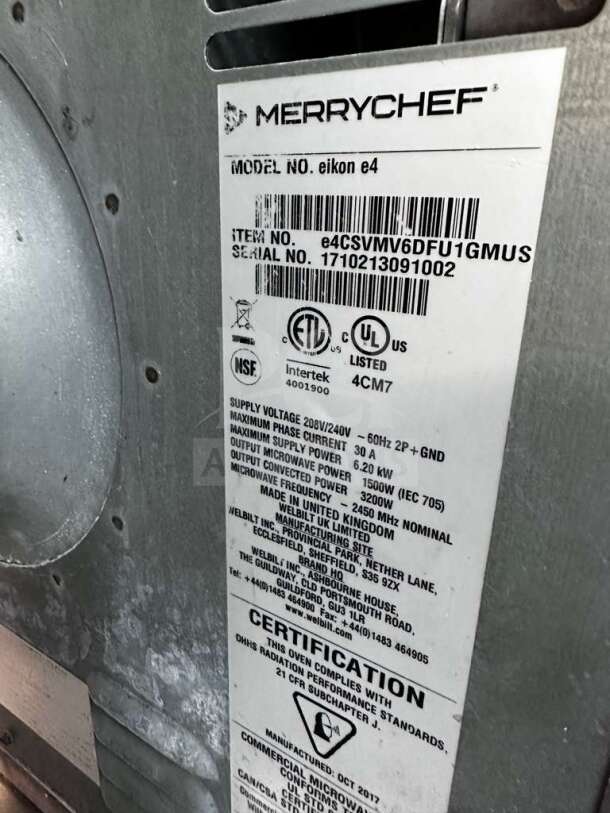 Merrychef eikon e4 oven label showing model, serial number 1710213091002, and specs. NSF, ETL, and UL certified.