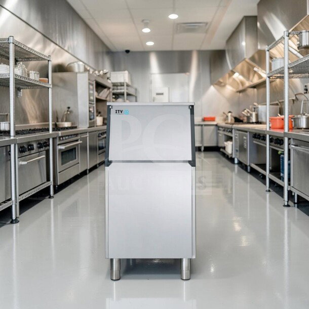 Stainless steel commercial ice maker bin, 22" wide, 400 lb capacity, fully tested, top-tier condition, in kitchen setting.