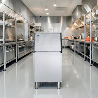 Stainless steel commercial ice maker bin, 22" wide, 400 lb capacity, fully tested, top-tier condition, in kitchen setting.